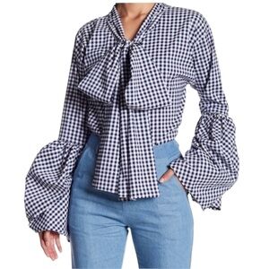 Tov Couture Blue White Gingham Puff Sleeve Bow Front Top